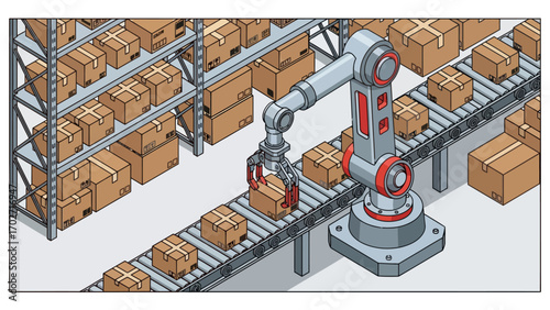Robotic arm sorting boxes on conveyor belt in warehouse. Isometric vector illustration.