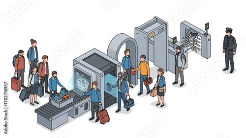 Isometric vector illustration of travelers going through airport security check with luggage and security staff