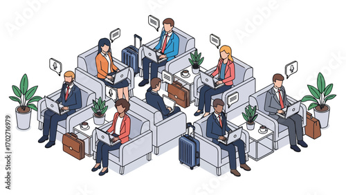 Isometric vector illustration: Business travelers using laptops in an airport lounge before departure