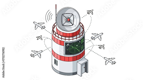 Isometric vector of air traffic control tower directing aircraft using radar in flight paths