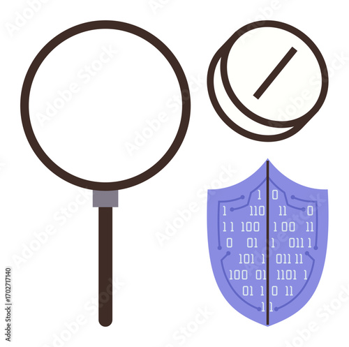 Magnifying glass for analysis, shield with binary code for cybersecurity, and prohibited sign for restricted access. Ideal for data security, privacy, protection, technology, investigation, ethics