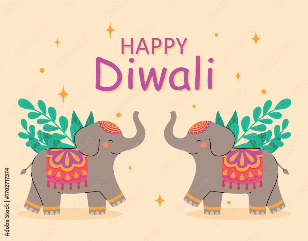 Fototapeta premium Happy Diwali card with elephants. Indian festival of lights. Flat vector illustration.