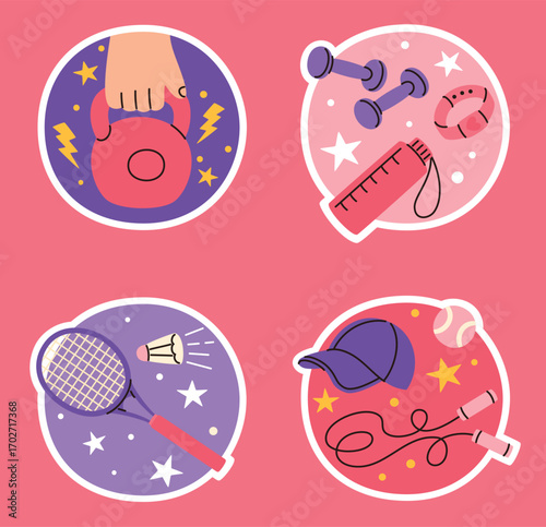 Set of sport stickers. Hand holding kettlebell, racket, skipping rope, water bottle. Flat vector illustration.