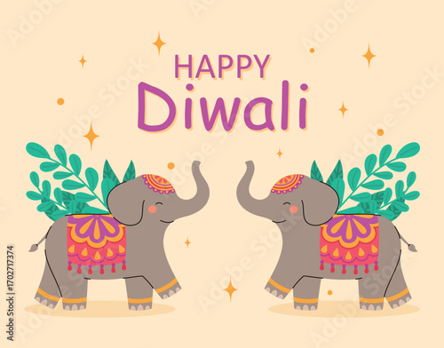 Happy Diwali card with elephants. Indian festival of lights. Flat vector illustration.