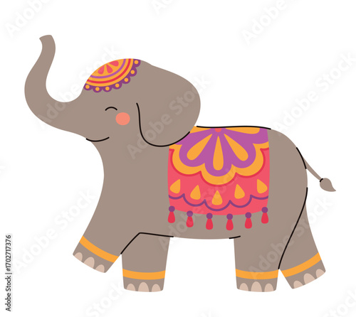 Indian elephant in traditional clothes. Flat vector illustration.