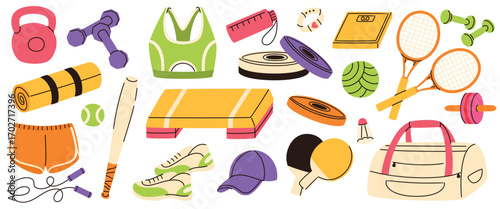 Sports equipment and accessories. Weights, skipping rope, bag, sportswear, balls. Flat vector illustration.
