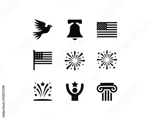 Collection of patriotic icons featuring the American flag, liberty bell, and eagle, representing freedom and national pride, perfect for celebratory designs