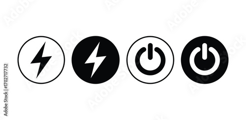 Dynamic collection of flat cartoon power and energy vector icons, including lightning bolt and on/off symbols, perfect for modern digital interface designs