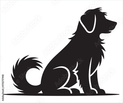 Black silhouette of sitting dog isolated on white background, simple animal vector illustration symbolizing pet, loyalty, domestic canine, guard, friend, companion, puppy, mammal, and veterinary desig