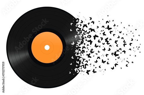 Vinyl record dissolving into flying butterflies, creative music concept symbolizing freedom, imagination and transformation, isolated on white background