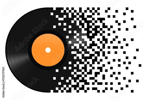 Vinyl record dissolving into digital pixel squares, abstract music concept symbolizing transition from analog to digital, isolated on white background