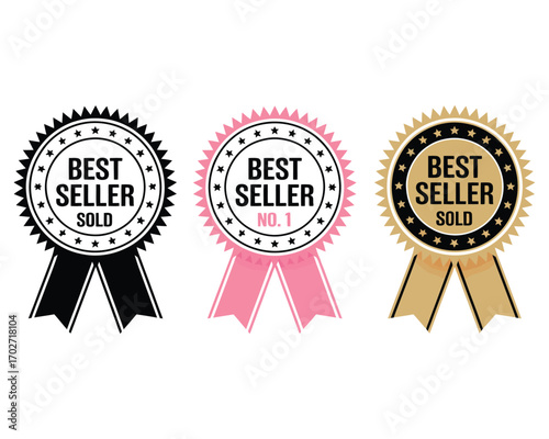 A set of colorful best seller award seals with ribbons for marketing. Vector illustration of quality guarantee emblems and top-rated product labels