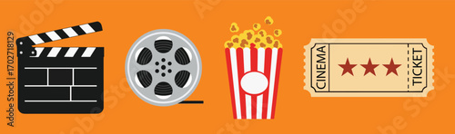 Set of cinema and movie night flat design icons Includes a vector clapperboard, film reel, popcorn and a ticket For entertainment and film industry concepts and creative projects