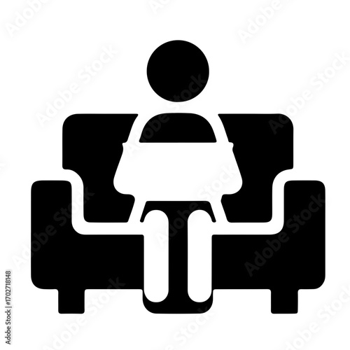 Minimalist pictogram of person working on sofa with laptop on lap