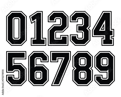 Vector illustration of bold, outlined collegiate-style numbers from 0 to 9. Ideal for sports teams, academic designs, jersey numbering, and scalable graphic projects