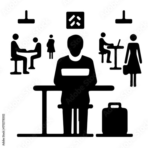 Minimalist pictogram of person working in coworking space with others