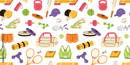 Seamless pattern with sports equipment and accessories. Weights, skipping rope, bag, sportswear, balls. Flat vector illustration.
