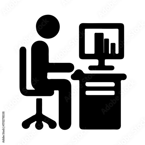 Minimalist icon of office worker using desktop PC with tower