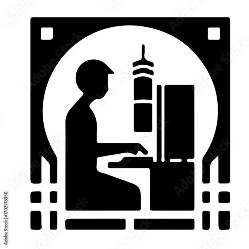 Minimalist pictogram of person typing on desktop with tower