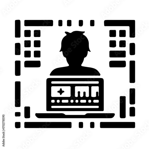 Minimalist silhouette of person editing video on laptop