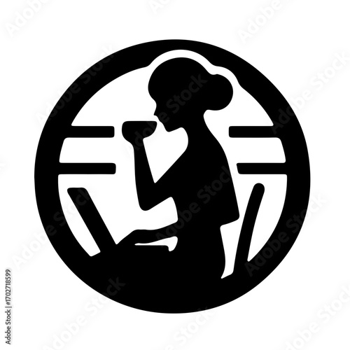 Minimalist pictogram of tea drinker using laptop