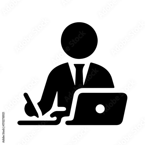 Minimalist silhouette of person jotting notes next to laptop