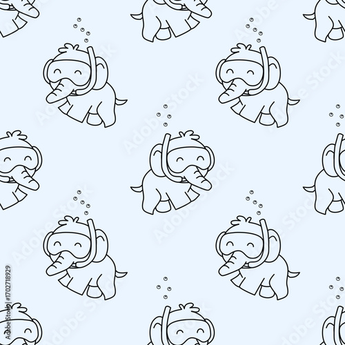 Cute seamless pattern with cartoon mammoths in diving masks blowing bubbles underwater. Light blue background.
