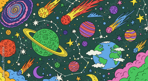 手描き宇宙イラスト｜カラフルな惑星・星・銀河・流星のファンタジースペースドゥードゥル