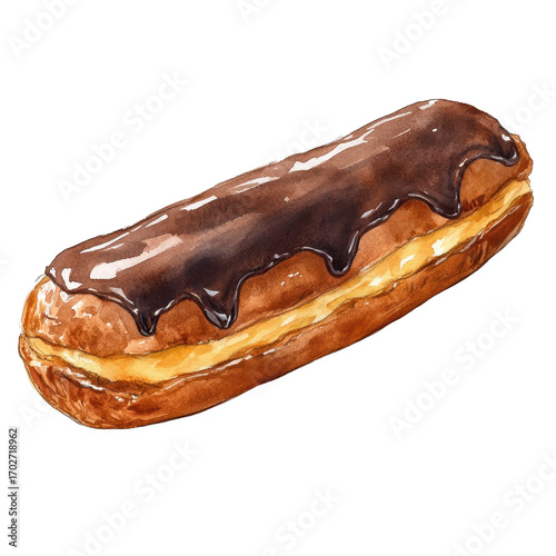 Watercolor illustration of eclair isolated on transparent background