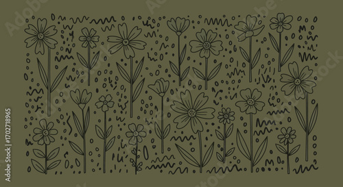 手描き落書き風の花と植物要素の花柄パターン｜装飾的で魅力的な背景デザイン