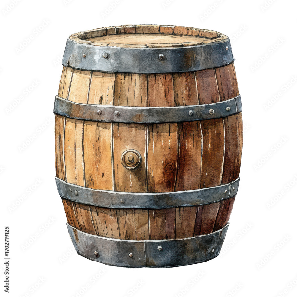 Obraz premium Watercolor illustration of wooden barrel isolated on transparent background