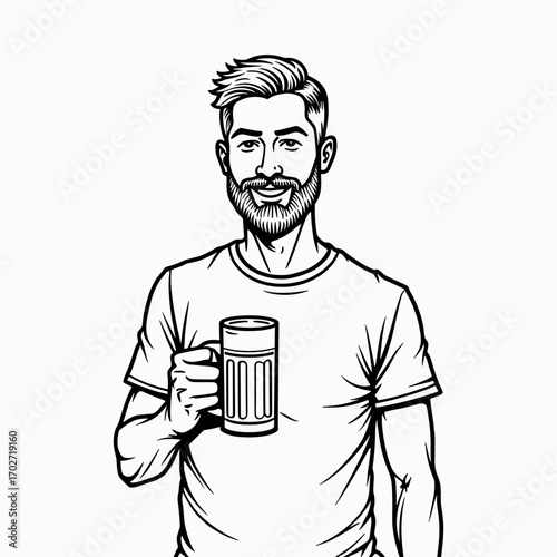 Bearded man holding beer mug and smiling in minimalist line art  