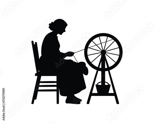 A traditional craftswoman sitting at an antique spinning wheel, a classic domestic hobby black-and-white-silhouette.eps vector