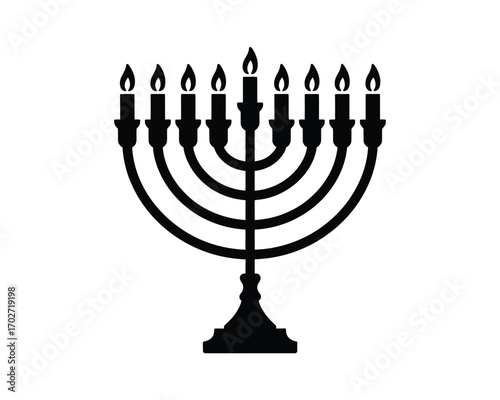 Elegant Black Silhouette of a Hanukkah Menorah with Lit Candles, Simple Holiday Icon