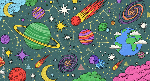 手描き宇宙イラスト｜カラフルな惑星・星・銀河・流星のファンタジースペースドゥードゥル