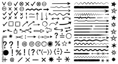 手描きドゥードゥルの多用途グラフィック素材｜矢印・チェックマーク・線・星・記号のスケッチ風デザイン