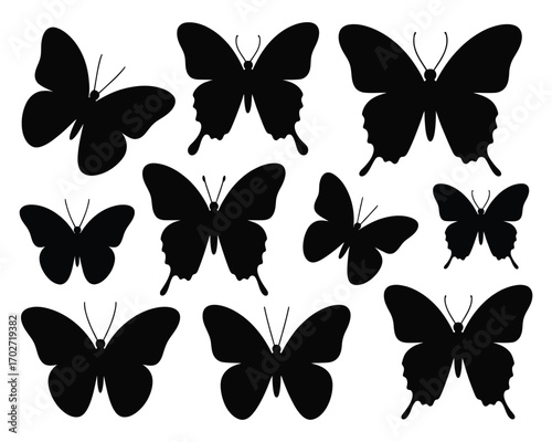 Collection of Elegant Butterfly Silhouettes Against a White Background - Black Crown EPS