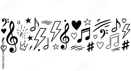 手描き音楽ドゥードルパターン｜楽譜・音符・ジャズ・リズム・遊び心あるシンボル｜クリエイティブデザイン・招待状・背景用