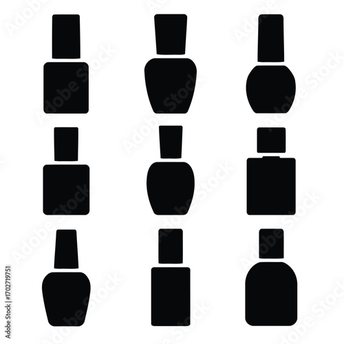 Set of Nail Polish Bottles in Various Shapes and Sizes, Isolated Black Silhouettes on White Background