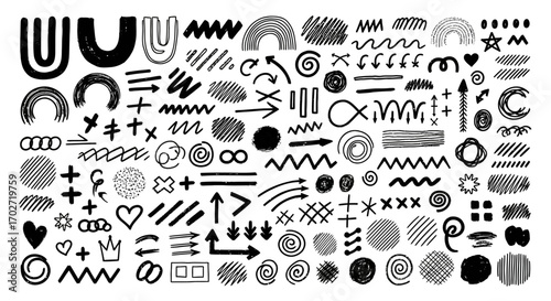 手描きドゥードルグラフィック要素コレクション｜矢印・線・円・スケッチマーク付き