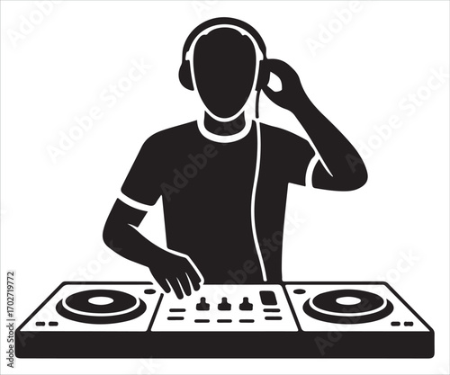 DJ silhouette playing music on turntable with headphones, party and nightlife icon