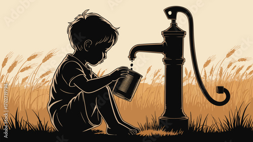Thirsty boy drinking clean water from well in rural landscape illustration for global water crisis awareness