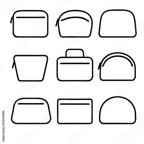 Set of cosmetic bag line icons. Collection of various makeup pouch and toiletry case outline symbols for beauty and travel organization