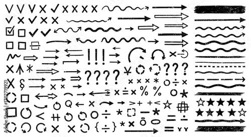 手描き落書きシンボルセット｜矢印・チェックマーク・装飾アクセントのクリエイティブコレクション
