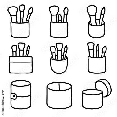 Vector line art collection of minimalist cosmetic beauty tools and essential makeup brushes with various holders and containers, perfect for modern design projects and branding materials
