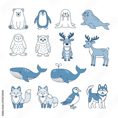 Set of  arctic animal icons in hand drawn blue and white doodle style. Vector illustration with polar bear, penguin, seal, walrus, snowy owl, reindeer, whale, arctic fox, puffin,