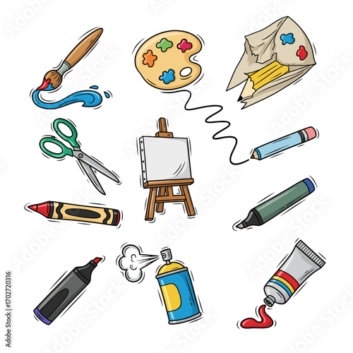 Set of  art icons in hand drawn multicolor doodle style. Vector illustration with paintbrush, palette, pencil, scissors, easel, canvas, crayon, marker, spray can, paint tube