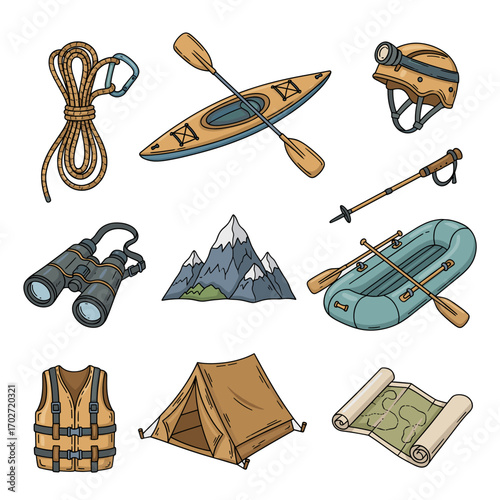 Set of  adventure travel icons in hand drawn doodle style. Vector illustration with climbing rope, kayak, helmet, binoculars, hiking stick, mountain peak, raft, life jacket, tent, map.
