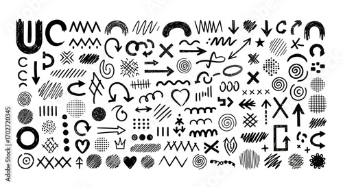 手描き落書き矢印と図形セット｜抽象的な線と多様なデザイン要素コレクション