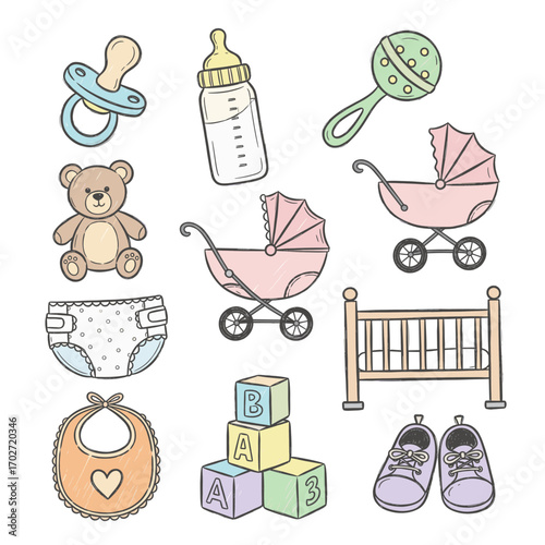 Set of  baby icons in hand drawn soft pastel doodle style. Vector illustration with pacifier, baby bottle, rattle, teddy bear, stroller, diaper, crib, bib, toy blocks, baby shoes